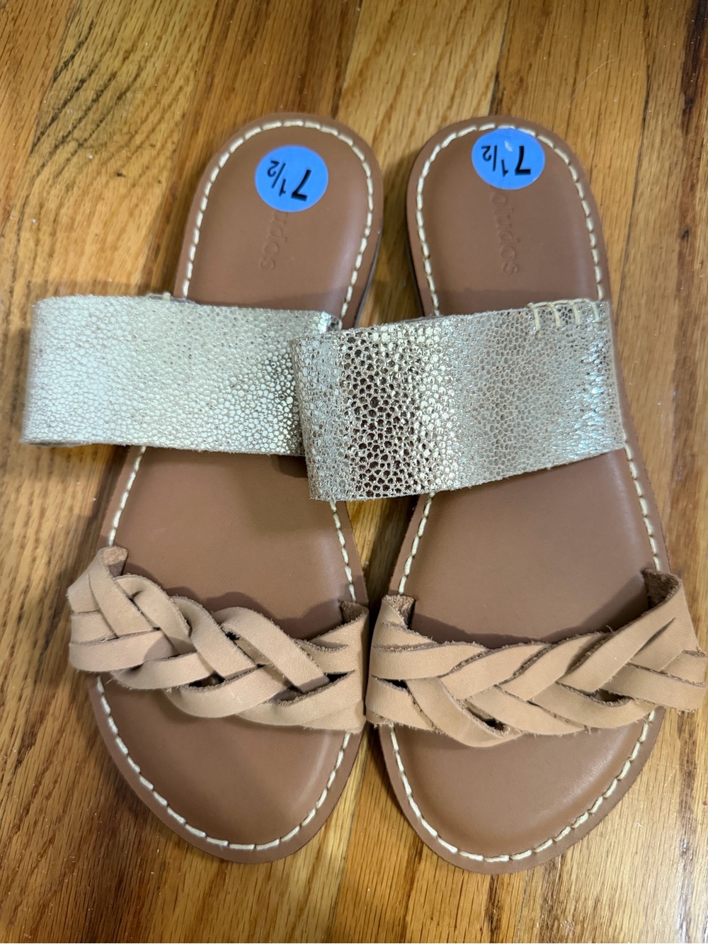 Saludos Woven Strap Gold & Tan Slide Sandals - Women